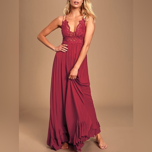 Free People ♥️ Adella Maxi Slip Berry Red Lace Dress ♥️ size xs - Picture 5 of 9